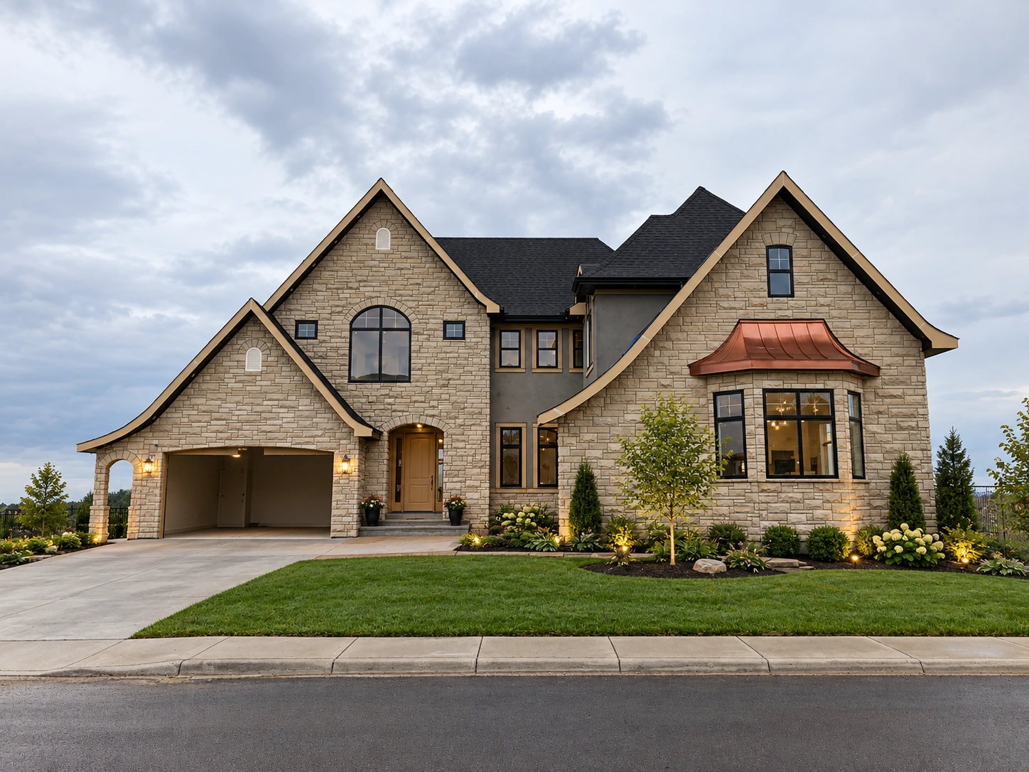 Modern residence with light architectural stone cladding